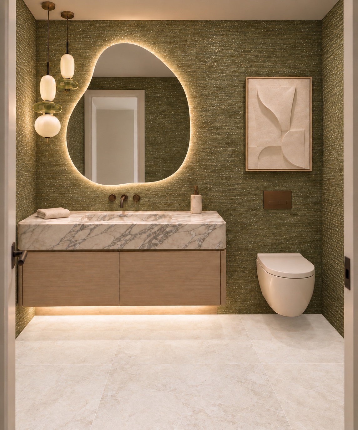 Powder room with textured green walls and illuminated mirror