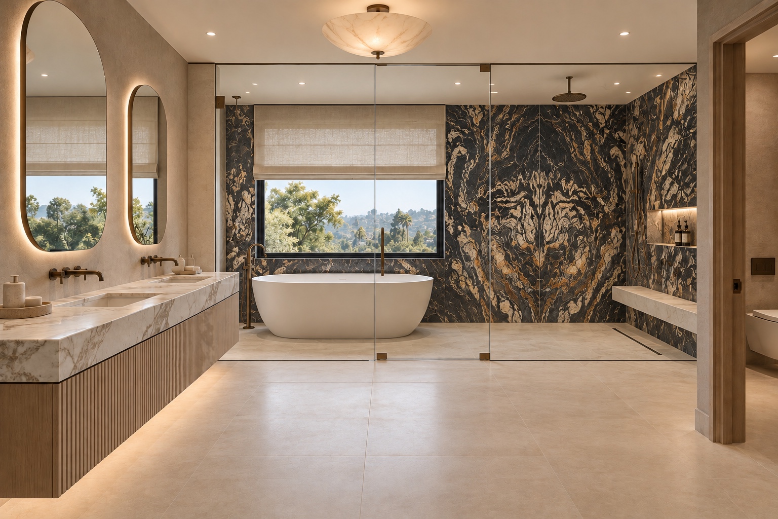 Primary bathroom with floating vanity and statement stone shower