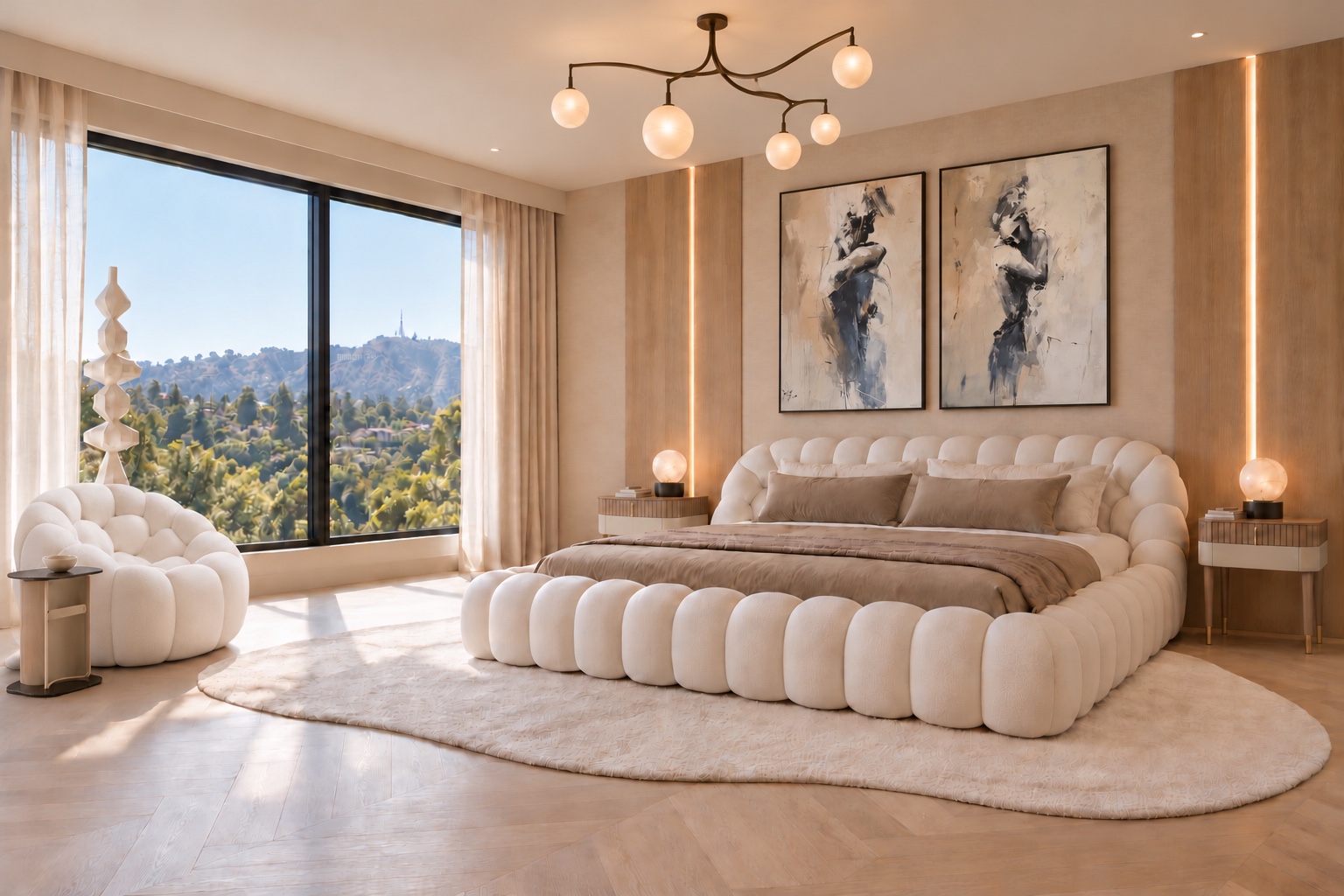 Primary bedroom with sculptural taupe furnishings and terrace views