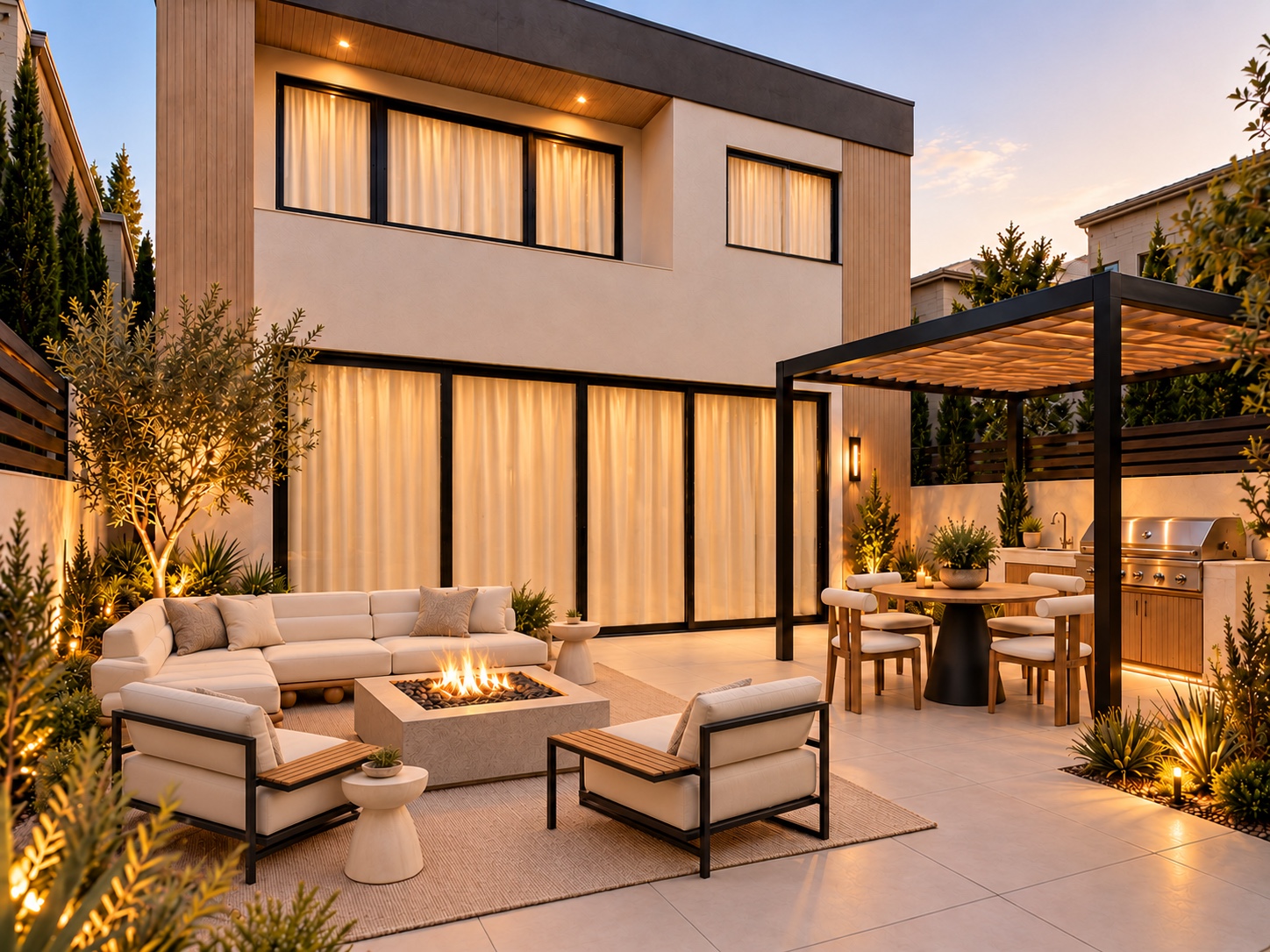 Rear exterior and outdoor entertaining terrace at dusk