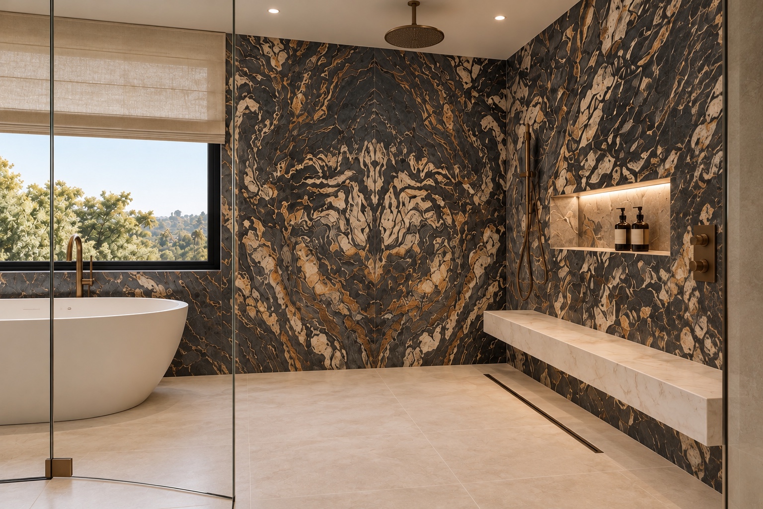 Spacious shower with dramatic stone walls and built-in bench