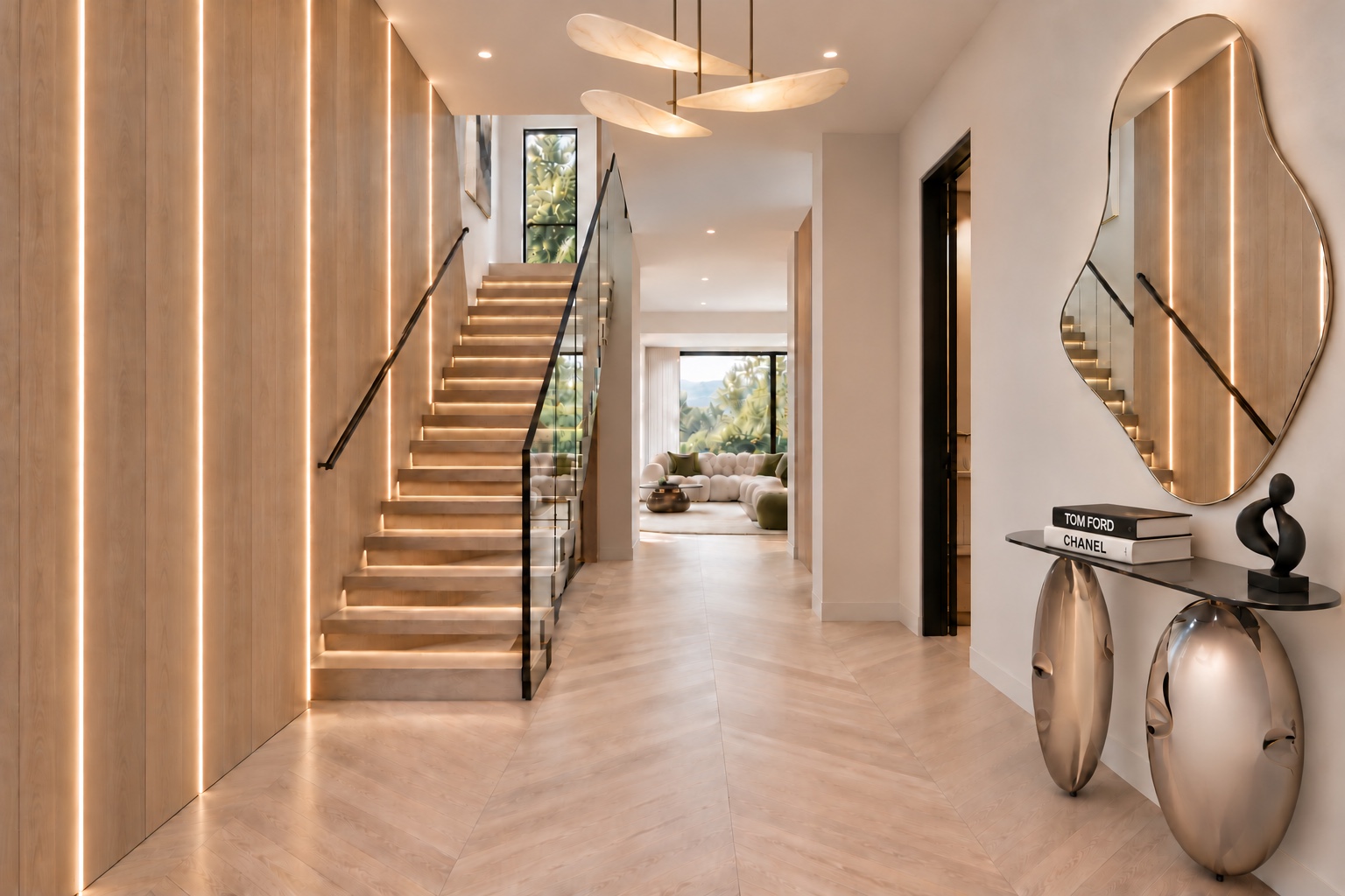 Sculptural staircase and entry console