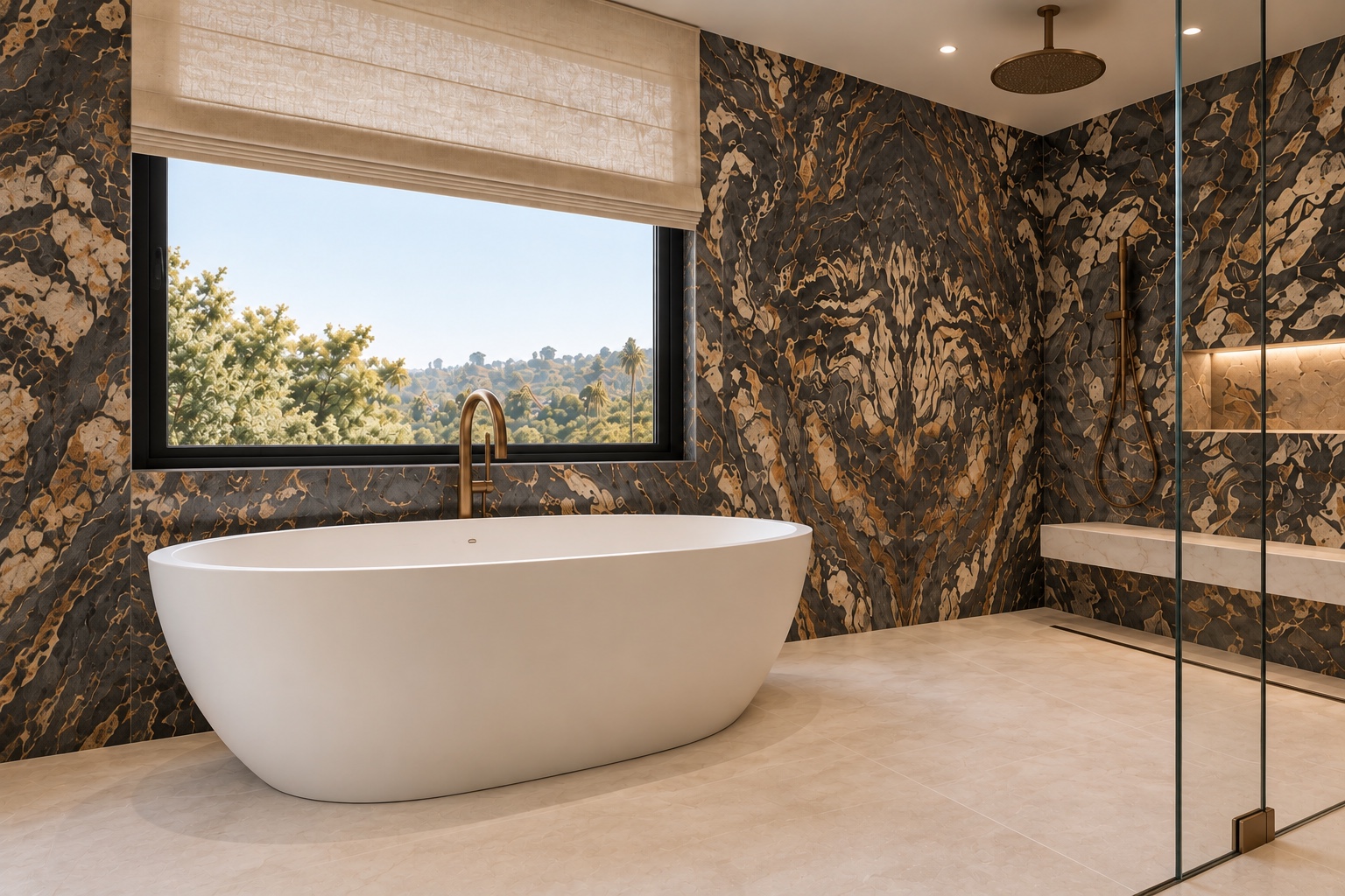 Freestanding tub beside the shower and garden window