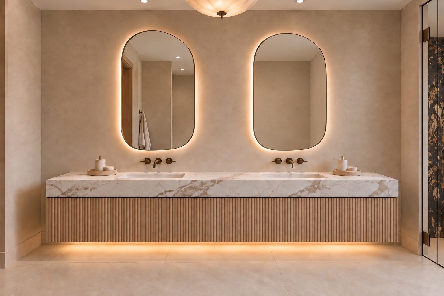 Floating double vanity with illuminated mirrors