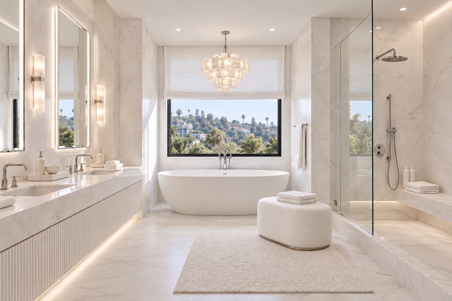 Primary bathroom with freestanding tub, double vanity and glass shower