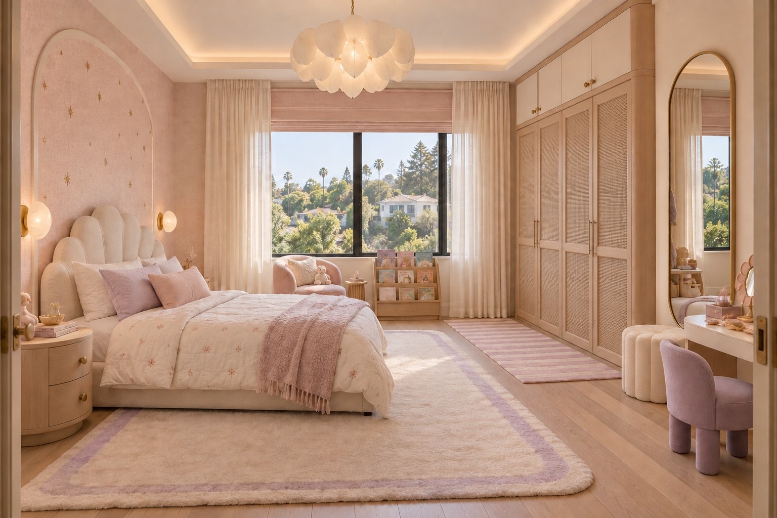 Children’s bedroom with soft pink accents and built-in wardrobes