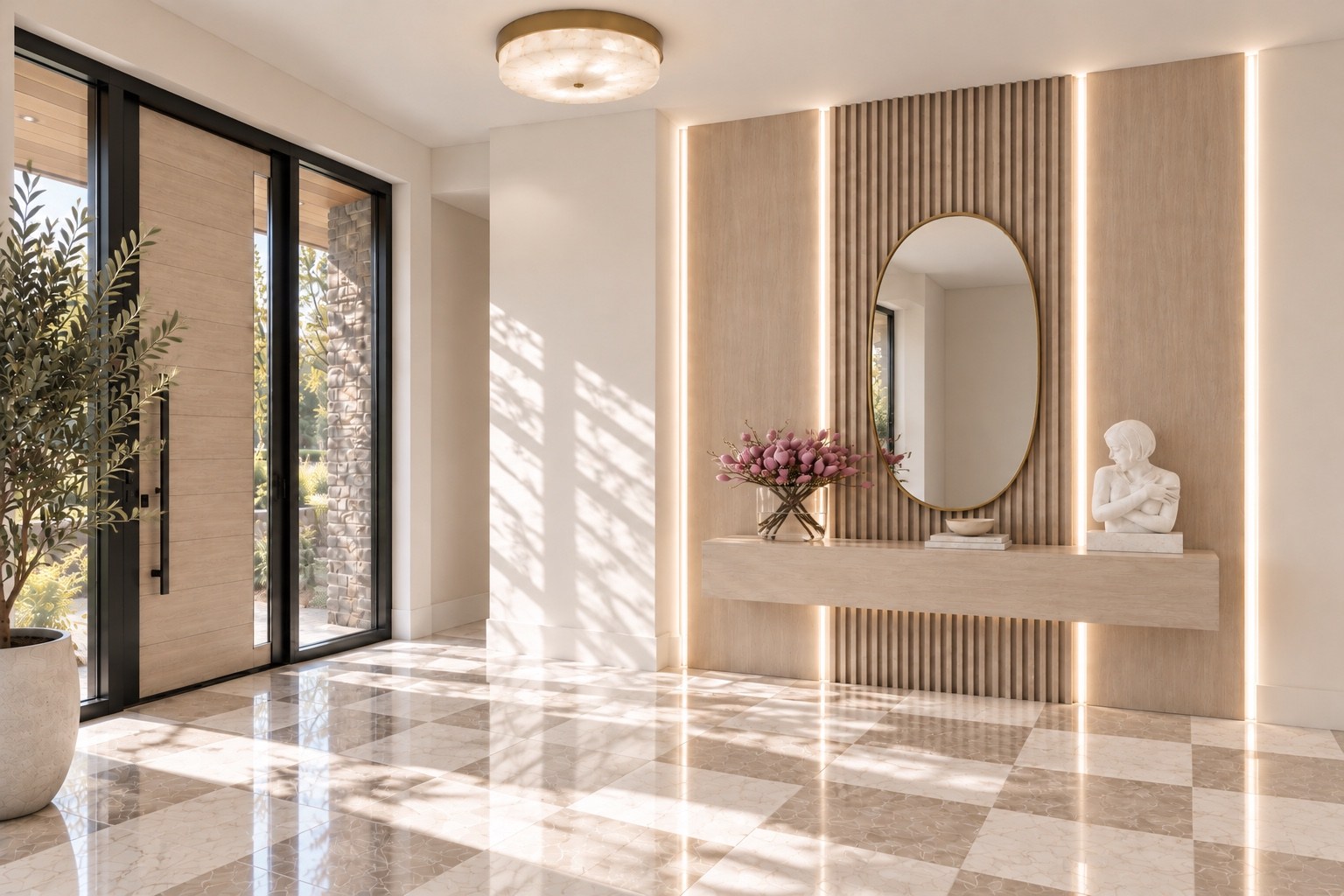 Entry hall with checkered stone flooring and an illuminated console wall