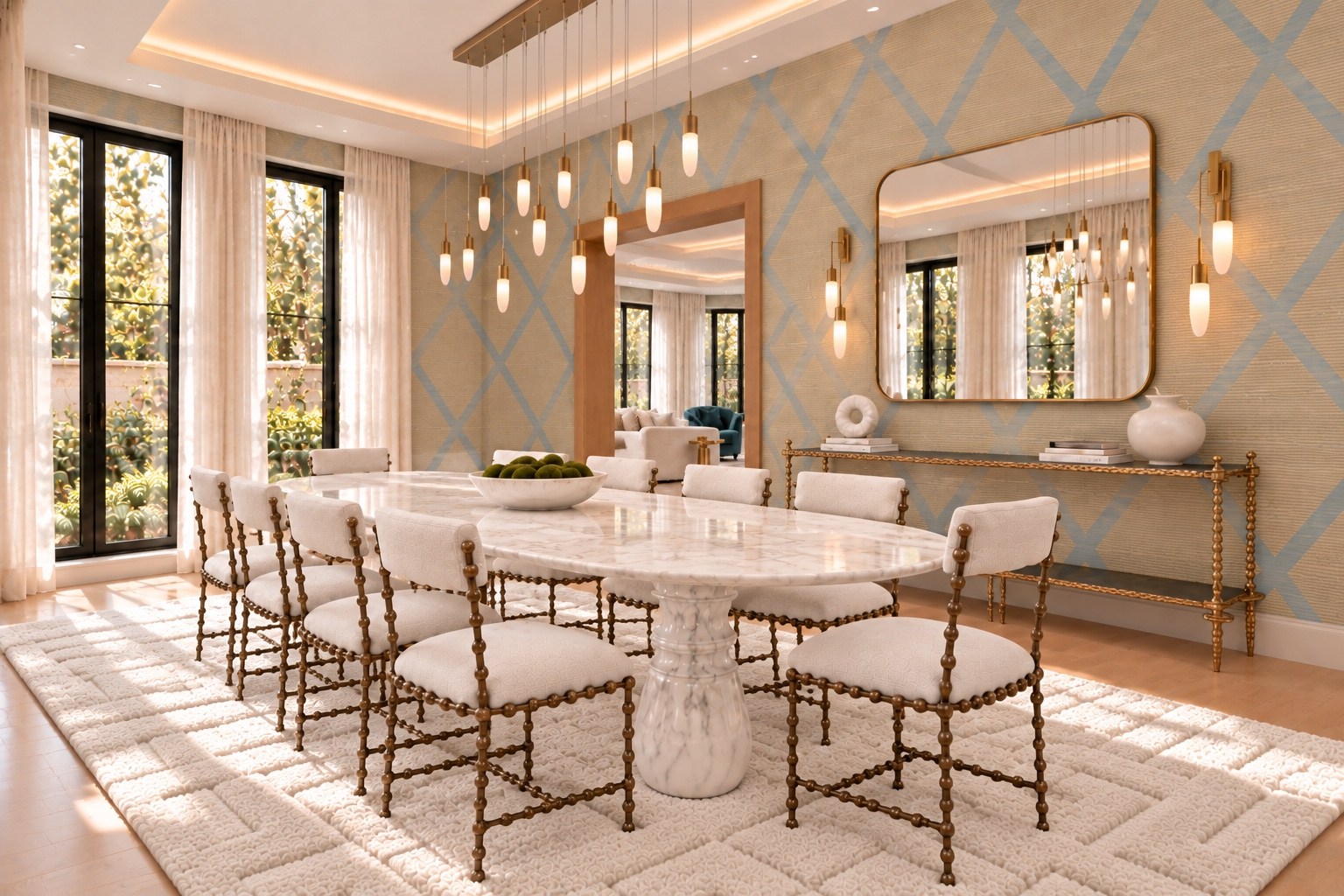 Dining room with sculptural pendant lighting and patterned wallpaper