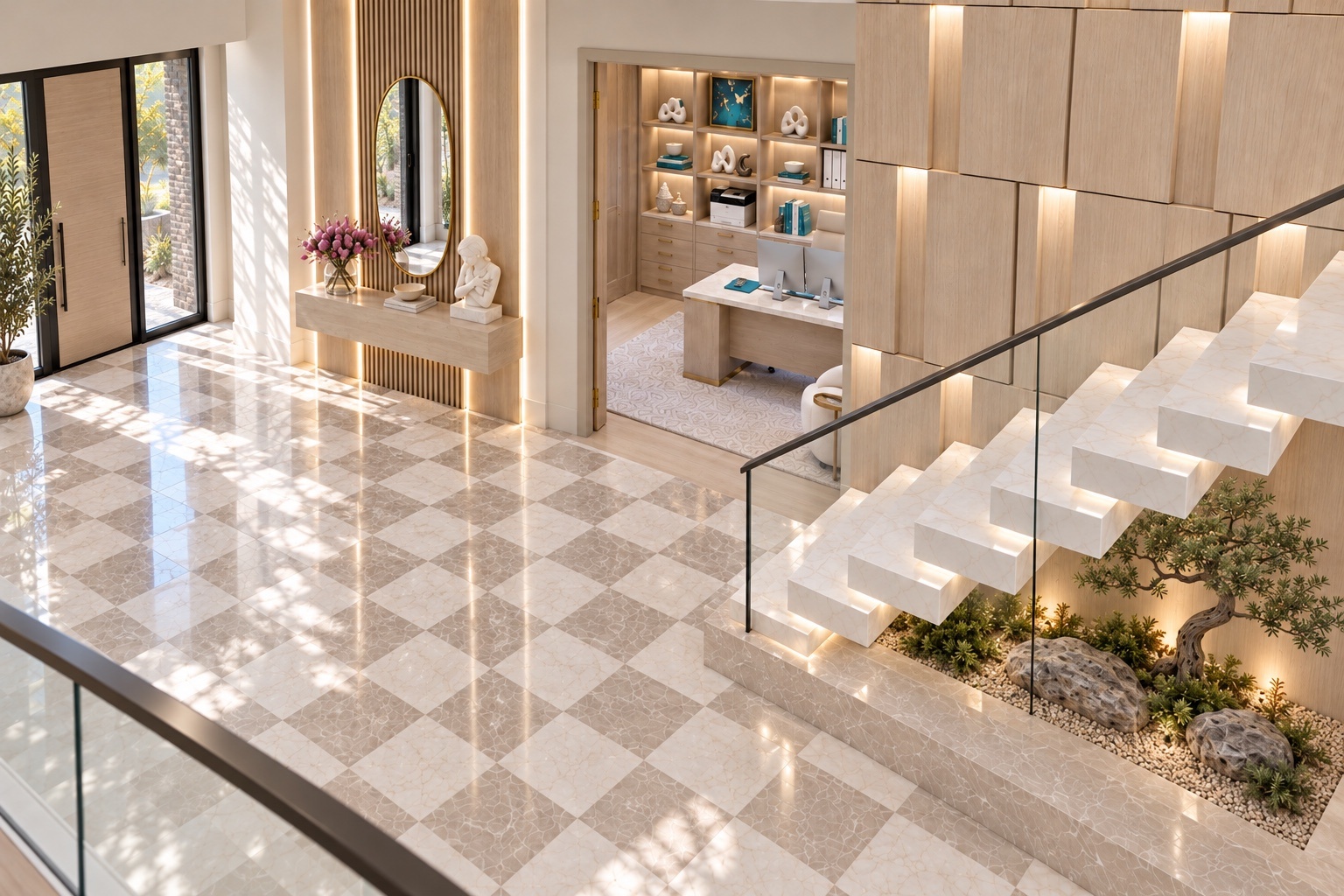 Entry hall and floating staircase beside the home office