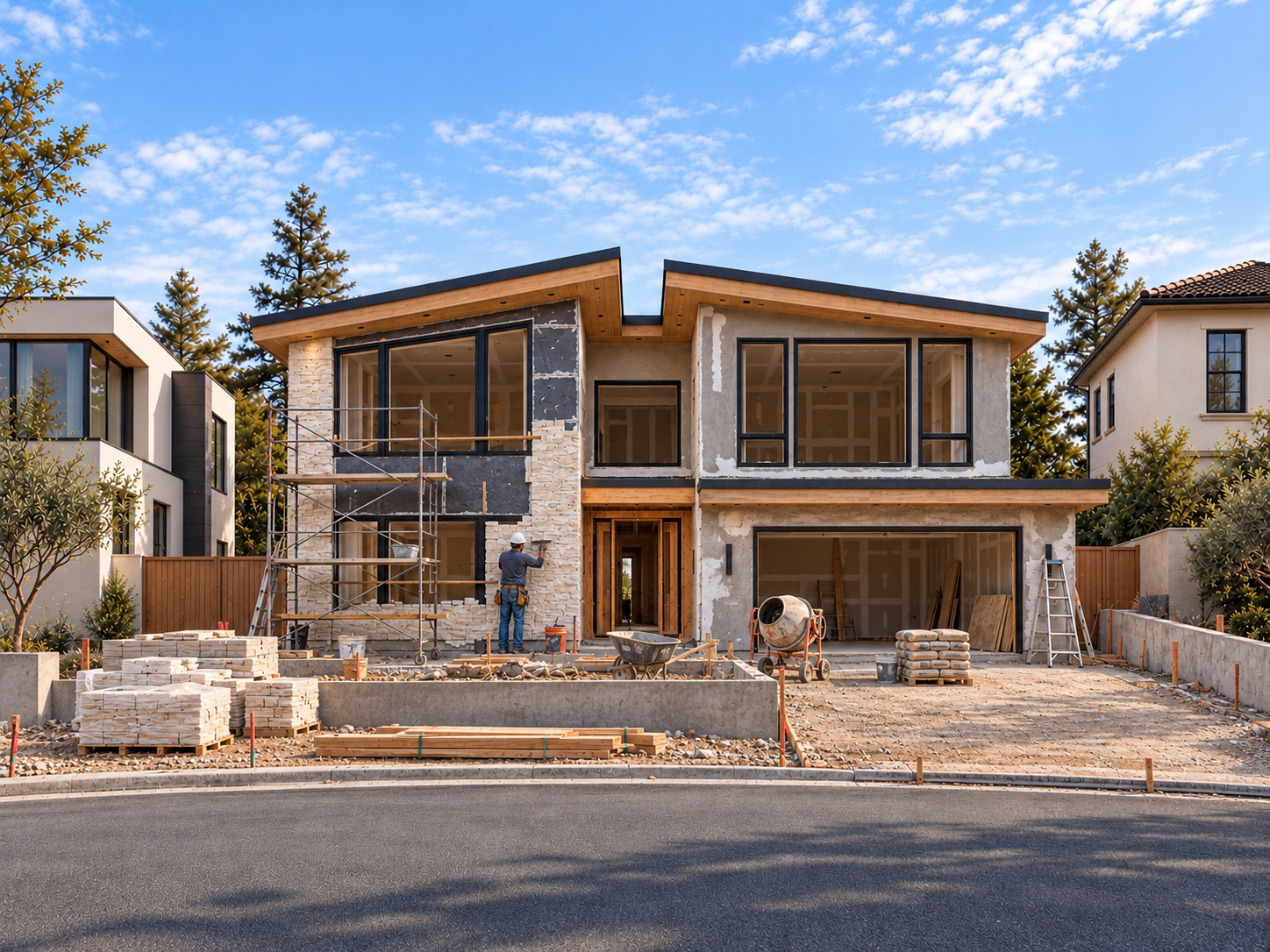 Generated mid-construction exterior visualization with one worker, materials and equipment
