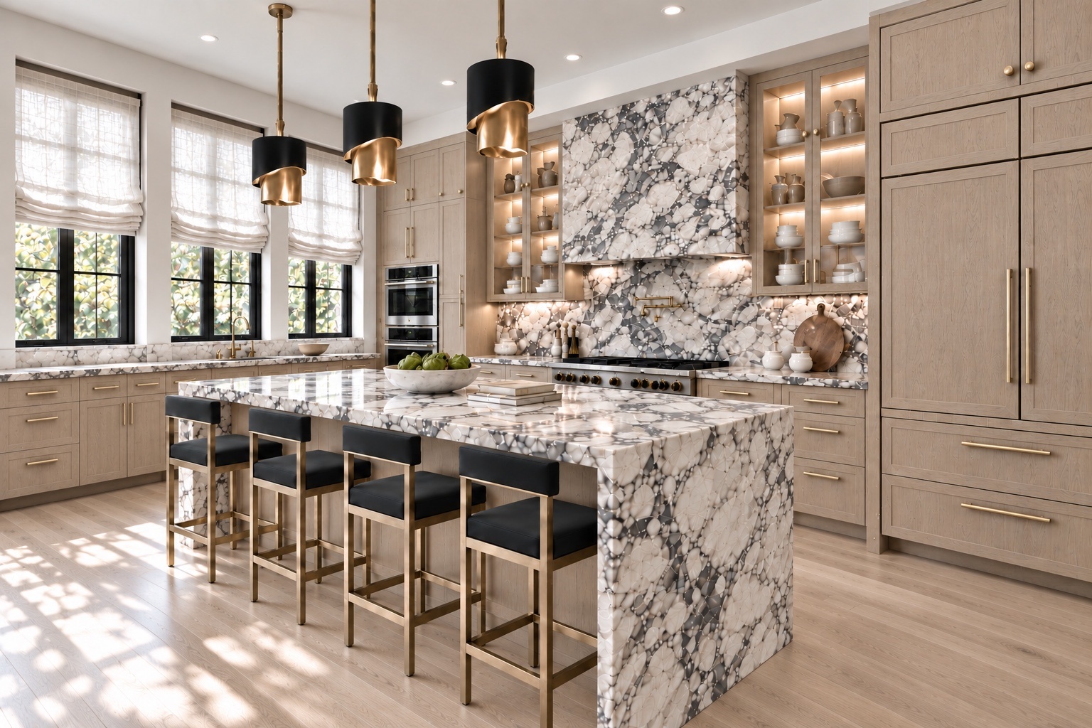 Kitchen island with dramatic veined stone and black-and-brass seating
