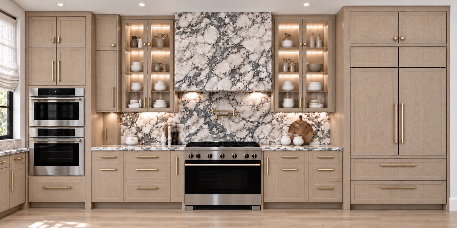 Kitchen range wall with veined stone and illuminated display cabinetry