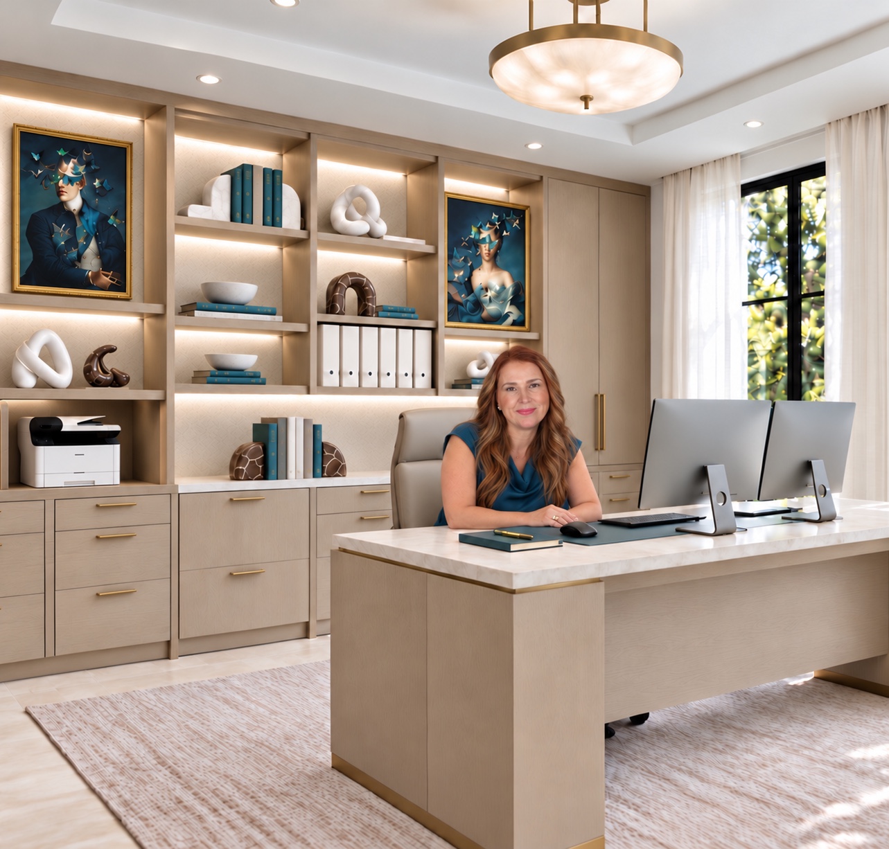 Ziba seated at the desk in the light oak home office