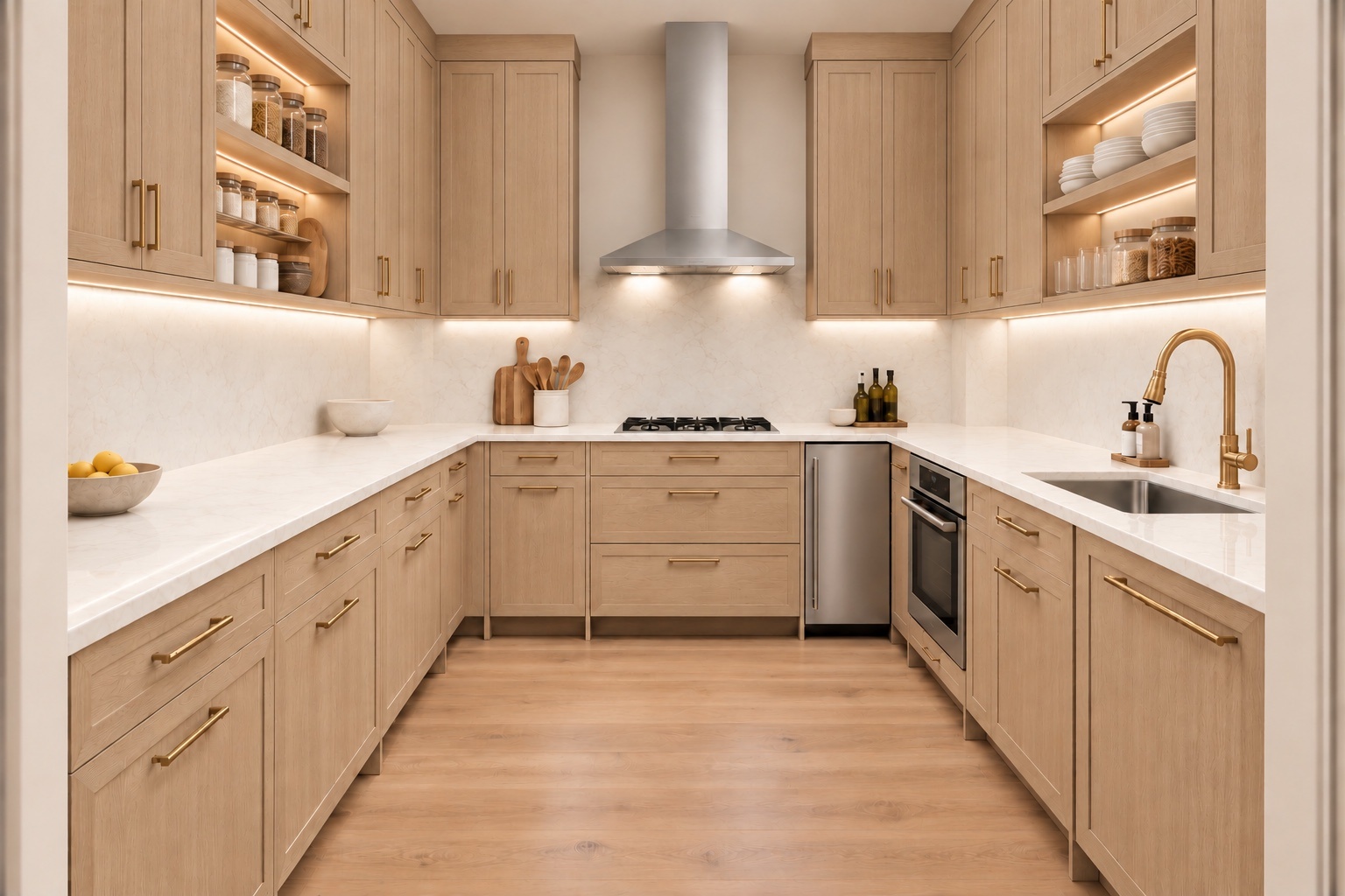 Walk-in pantry and preparation kitchen with warm cabinetry