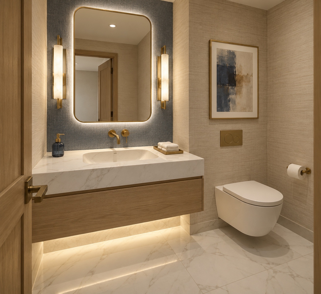 Powder room with textured taupe walls and a floating stone-topped vanity