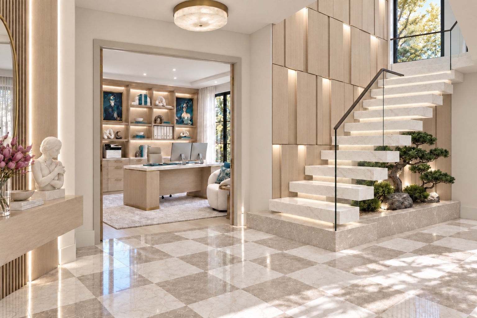 Floating staircase with checkerboard stone flooring and a view of the home office