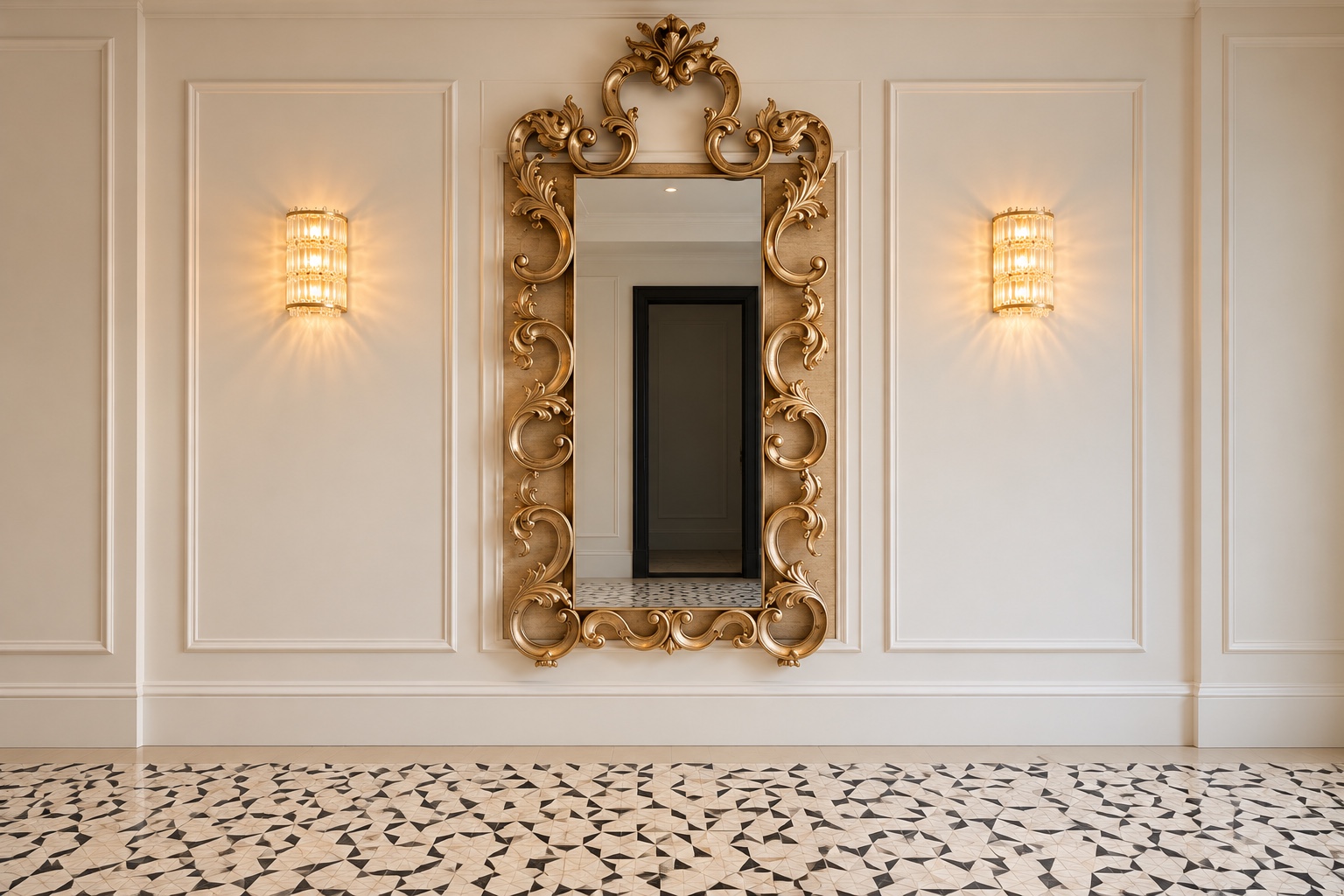 Entry hall with gold mirror and sculptural wall sconces