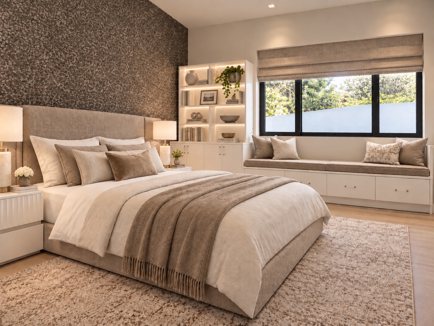 Bedroom with textured accent wall and window seat
