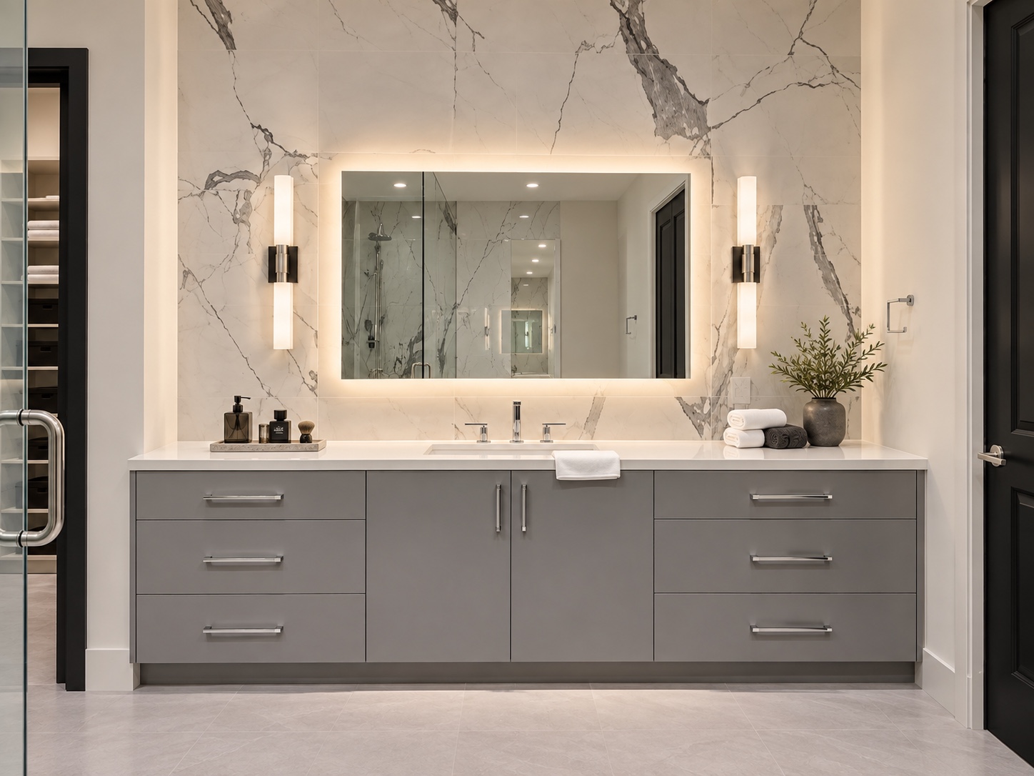 Double vanity with backlit mirror