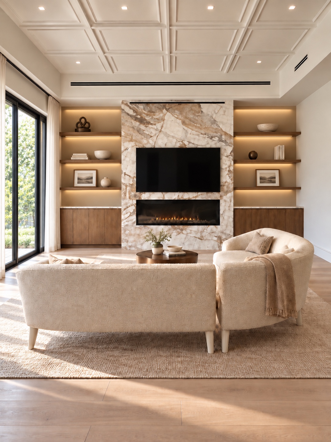 Loma Vista Residence den with marble fireplace and illuminated shelves