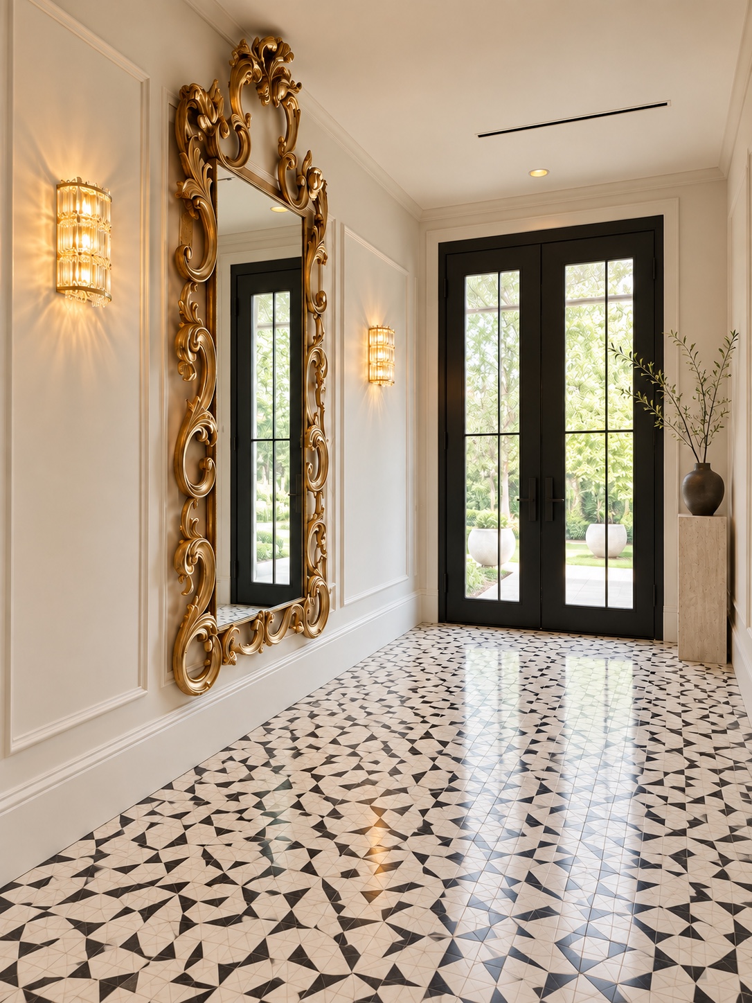 Entry hall looking toward black glazed doors