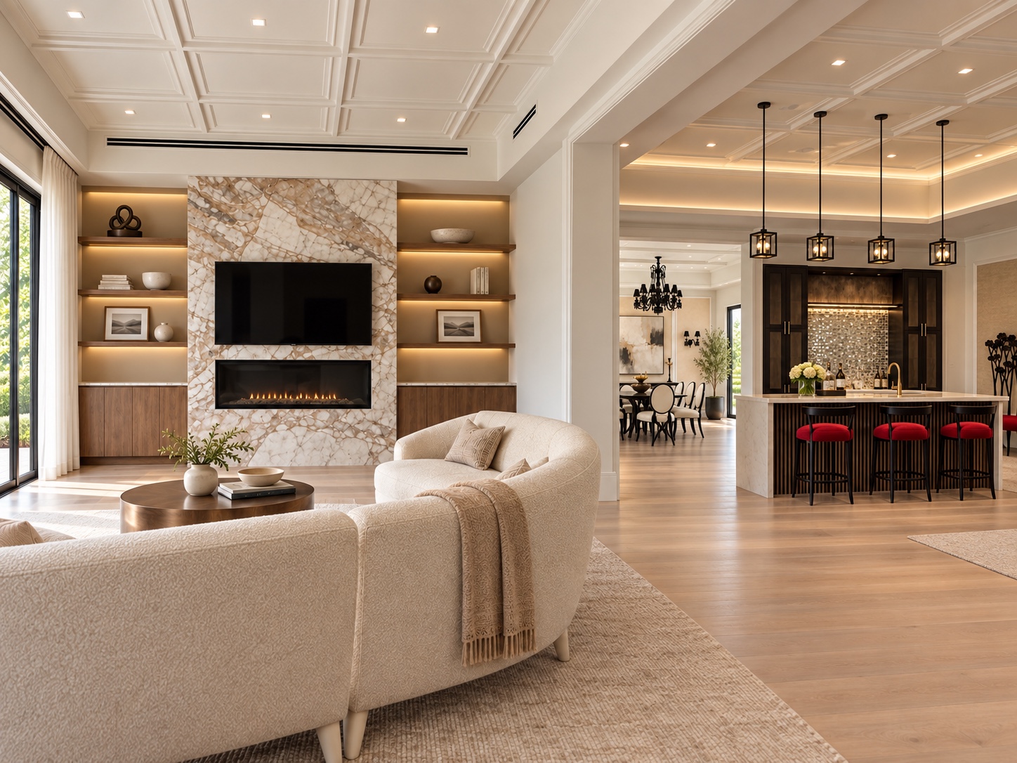 Loma Vista Residence den with a marble fireplace, curved cream seating, and custom bar
