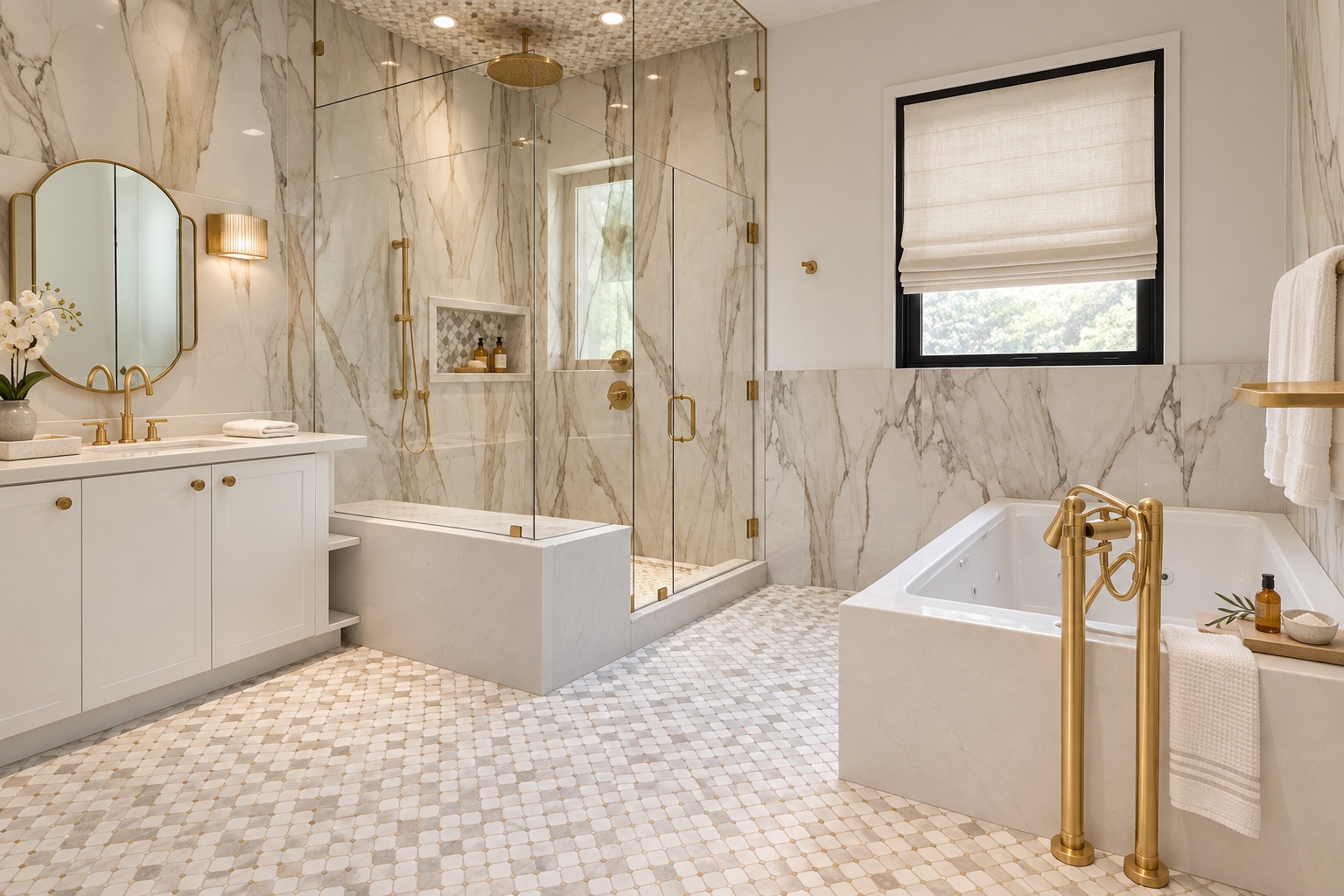 Marble bathroom with shower and bathtub