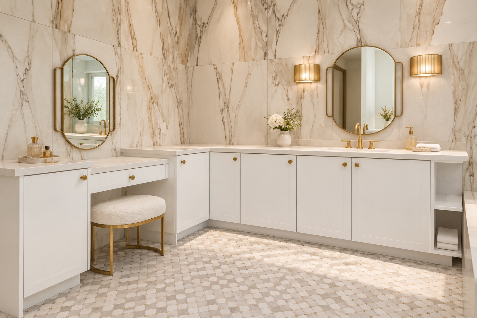 Marble vanity and makeup area with brass details