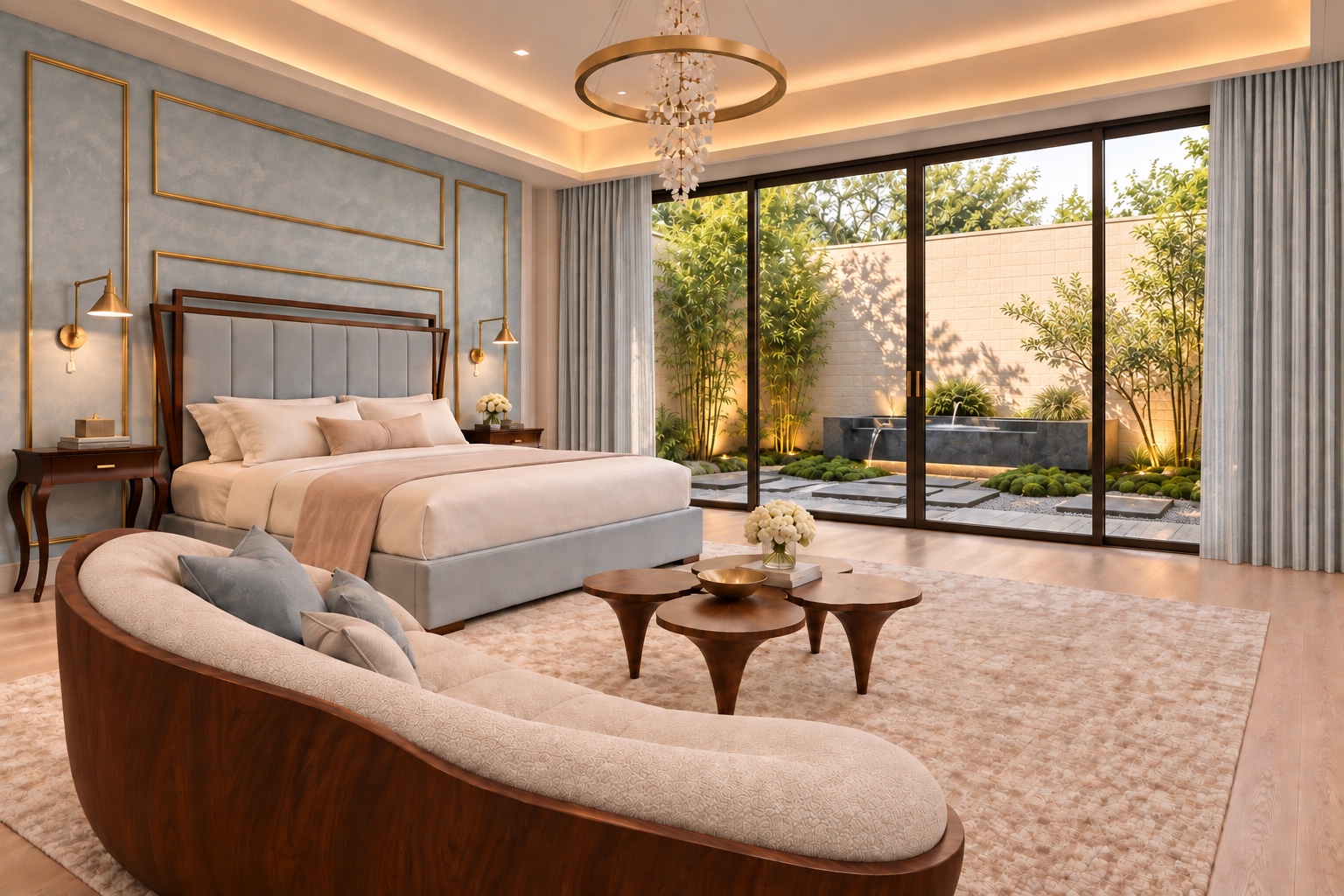 Bedroom opening to a landscaped courtyard