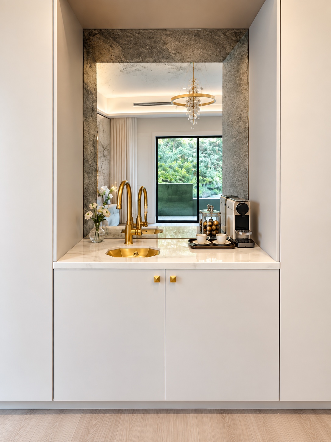 Bedroom coffee bar with brass sink and faucet