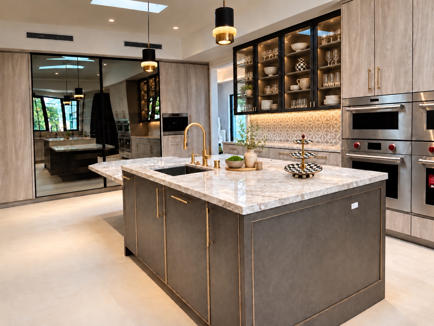 Kitchen island with wood cabinetry and illuminated display cabinets