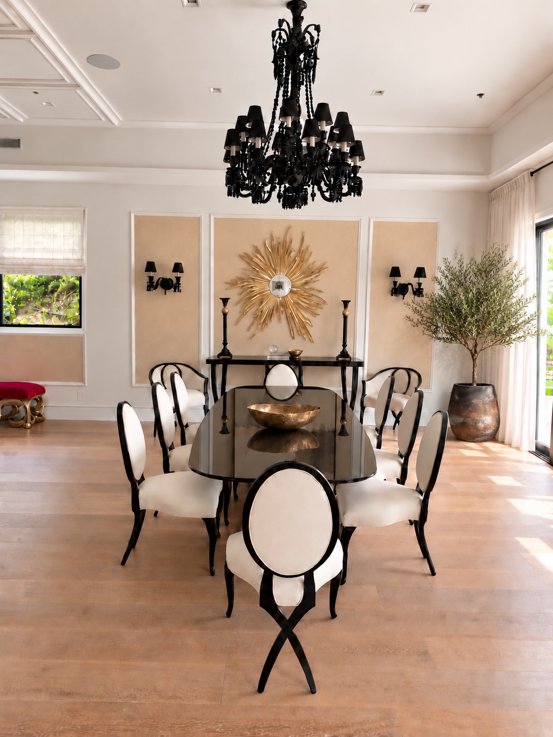 Dining room with sculptural black chandelier