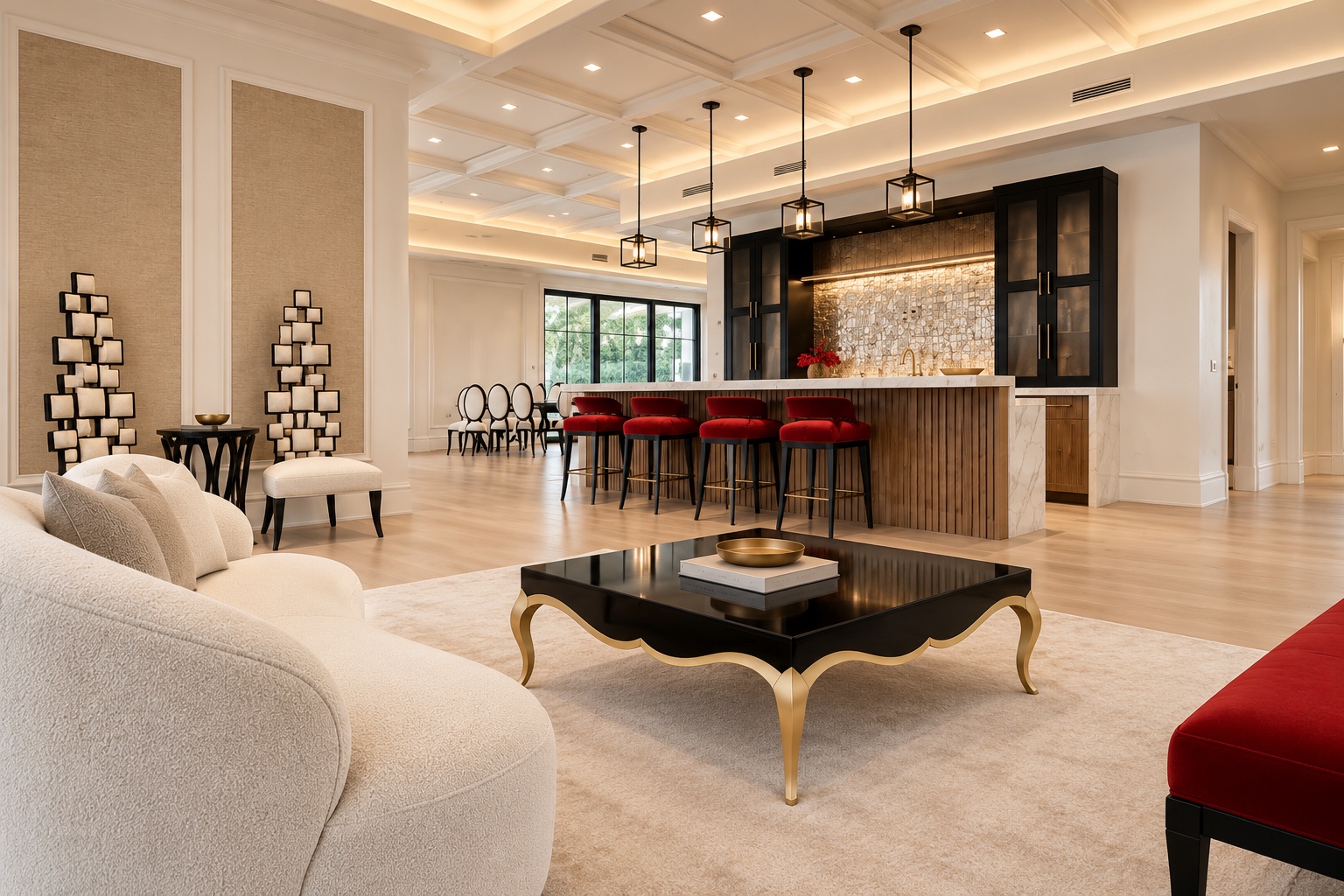 Living room and bar with red seating accents