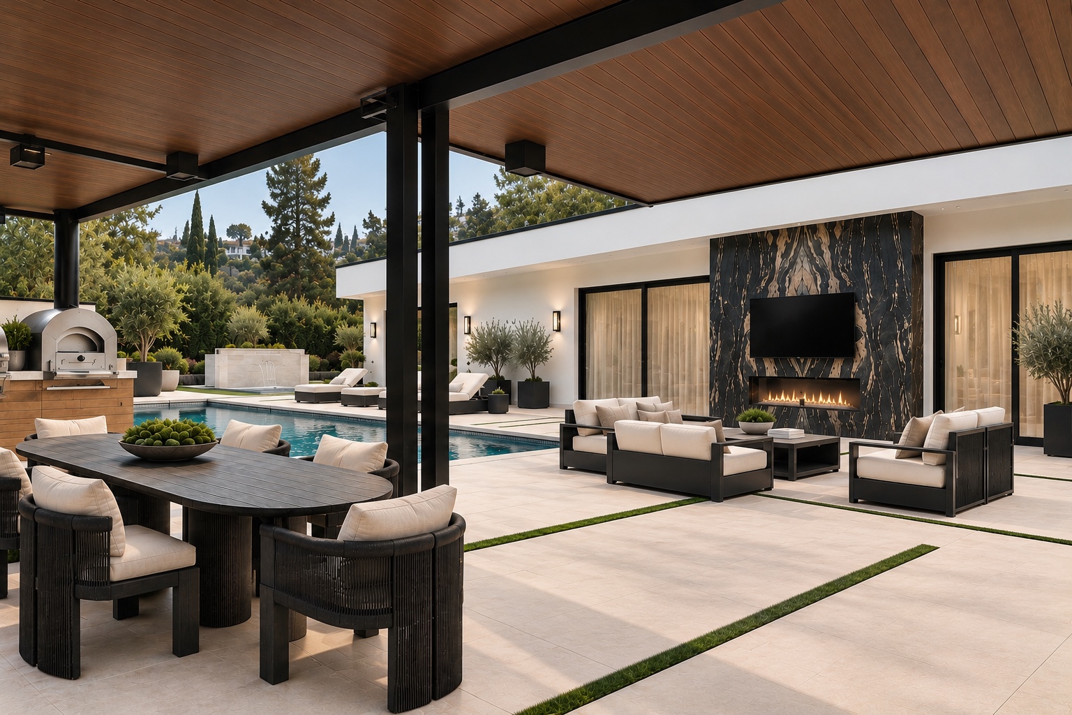 Covered outdoor dining and lounge beside the pool