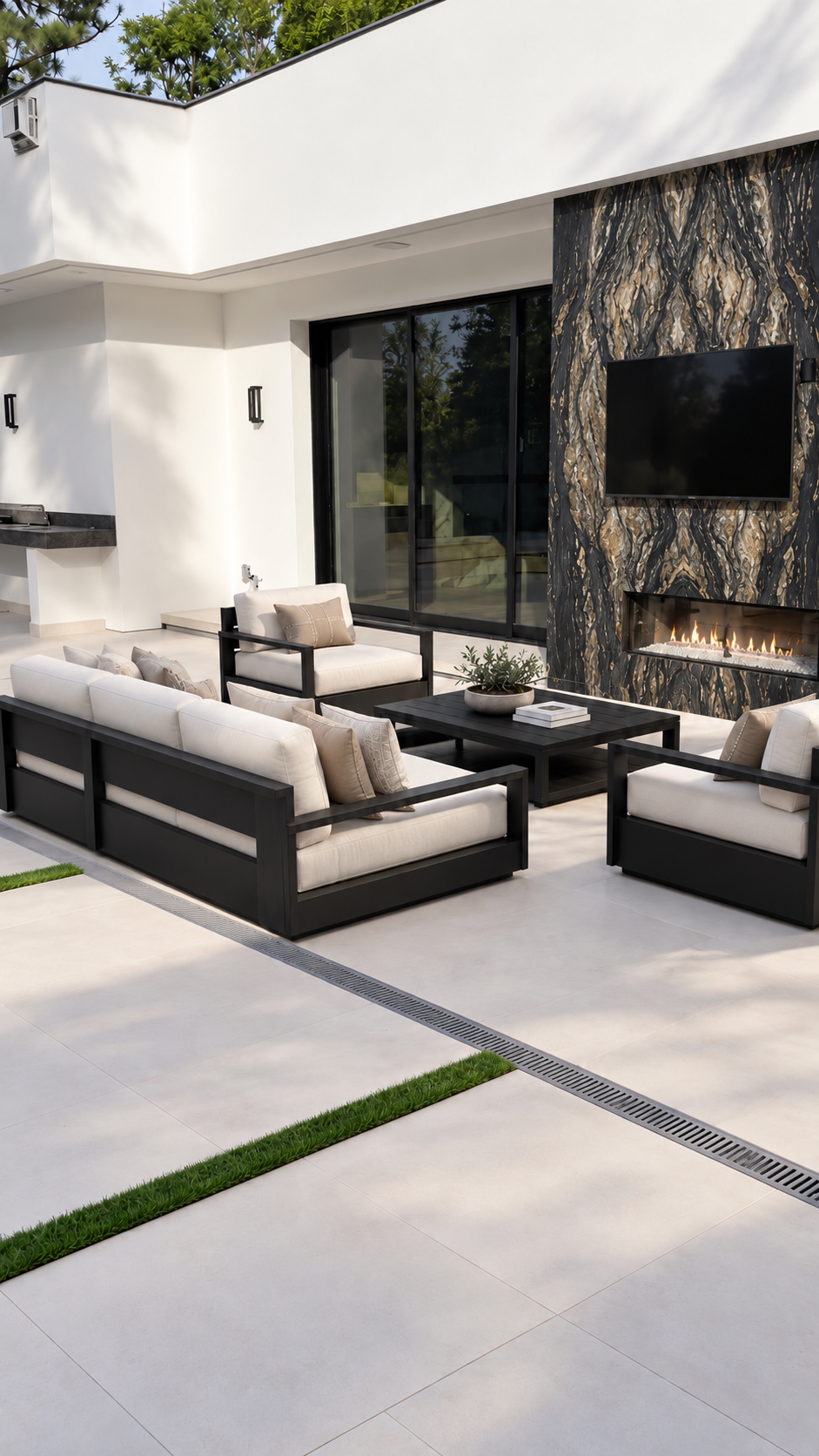 Outdoor lounge with black stone fireplace and television