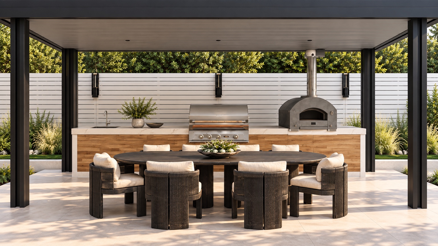 Covered outdoor kitchen with grill, pizza oven, and dining table
