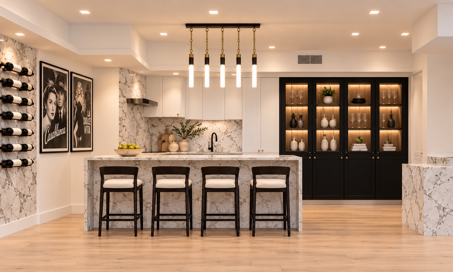 Basement bar and kitchen with marble peninsula and illuminated display cabinets