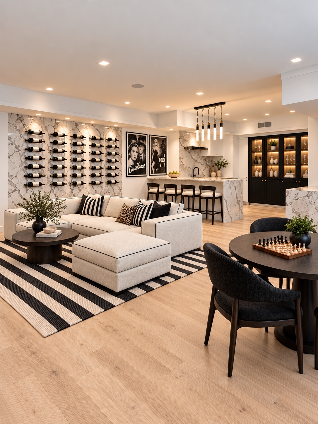 Basement game room with lounge seating, chess table, and wine display