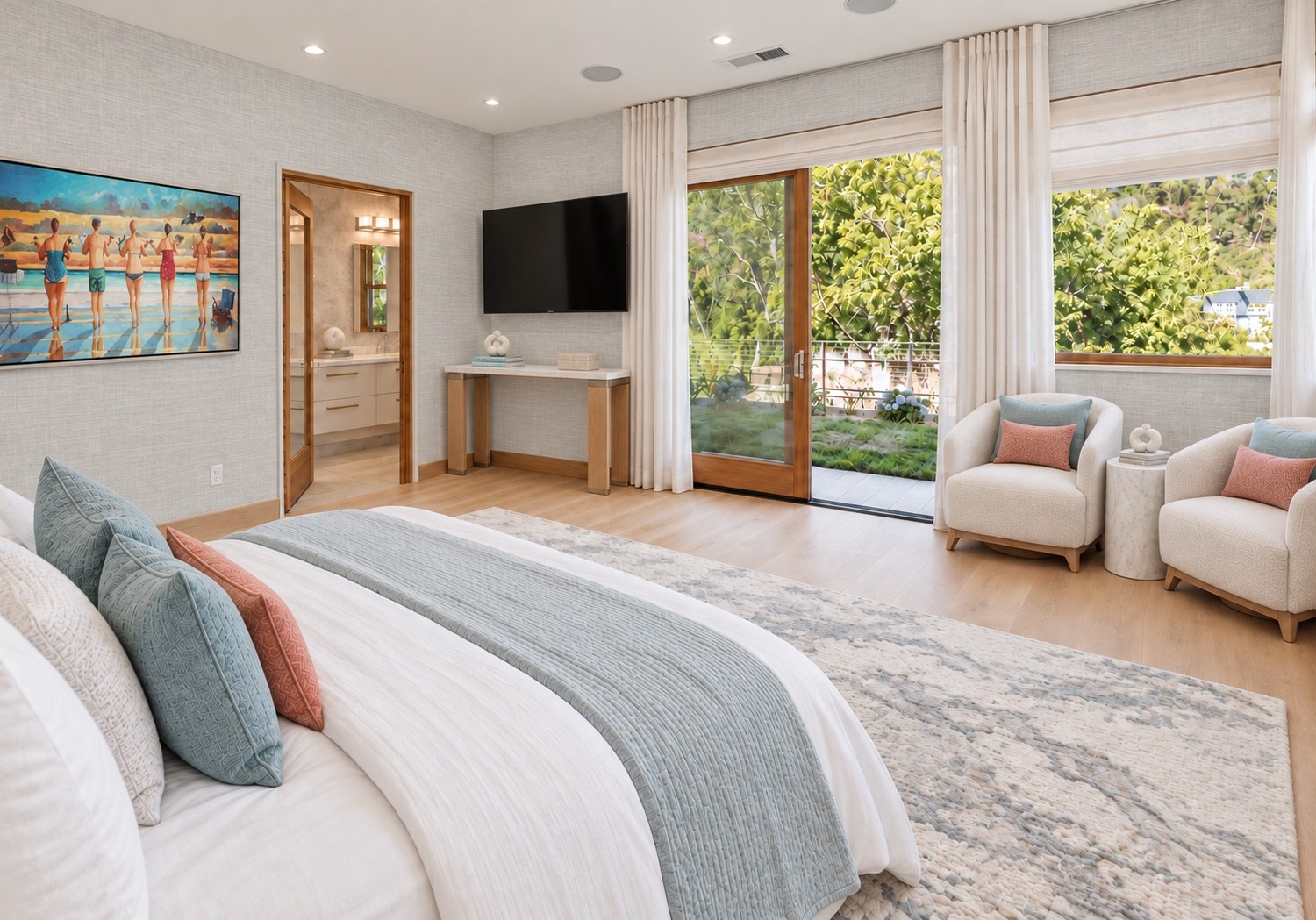 Bedroom sitting area with soft blue accents