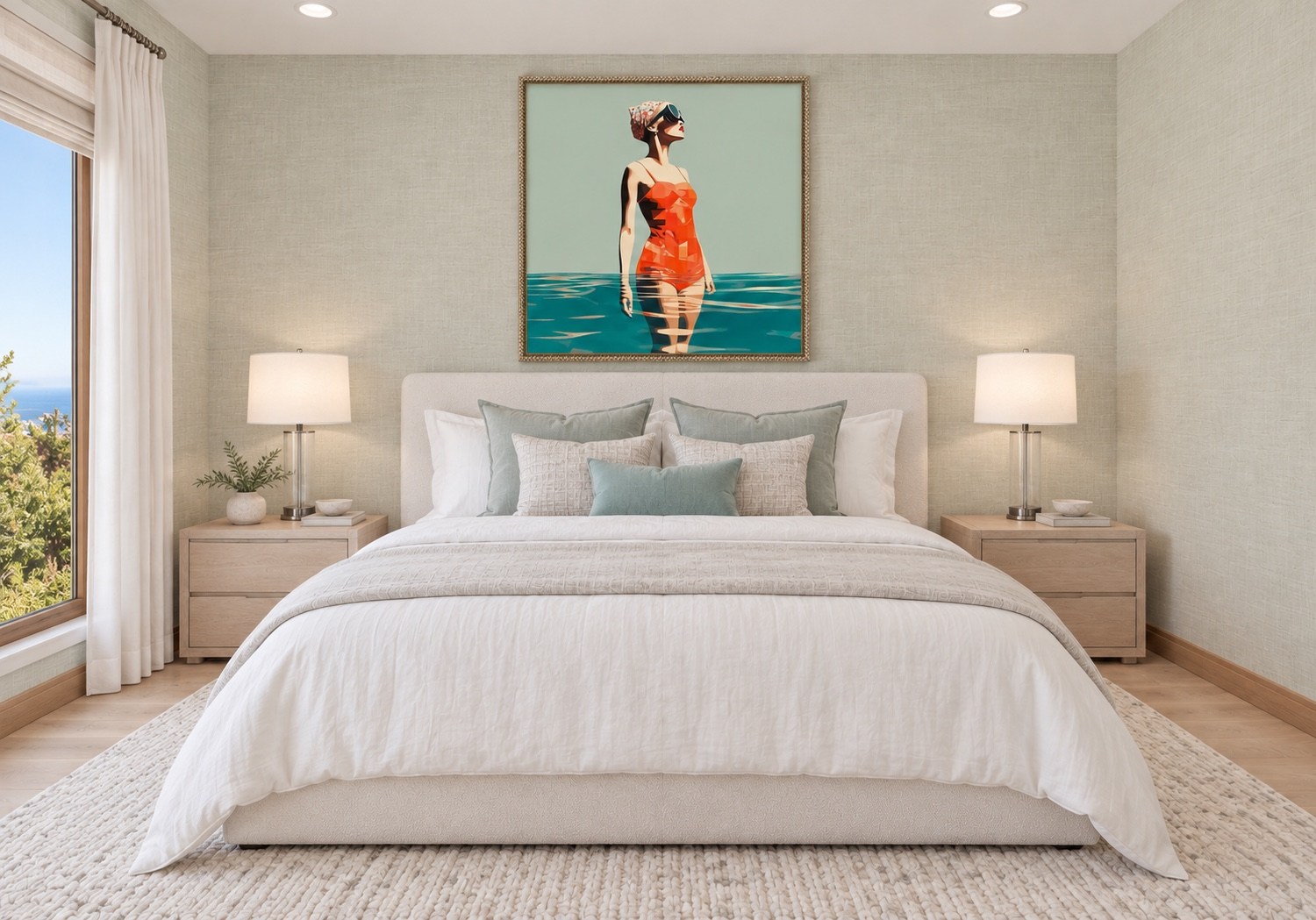 Bedroom with coastal artwork and soft green accents