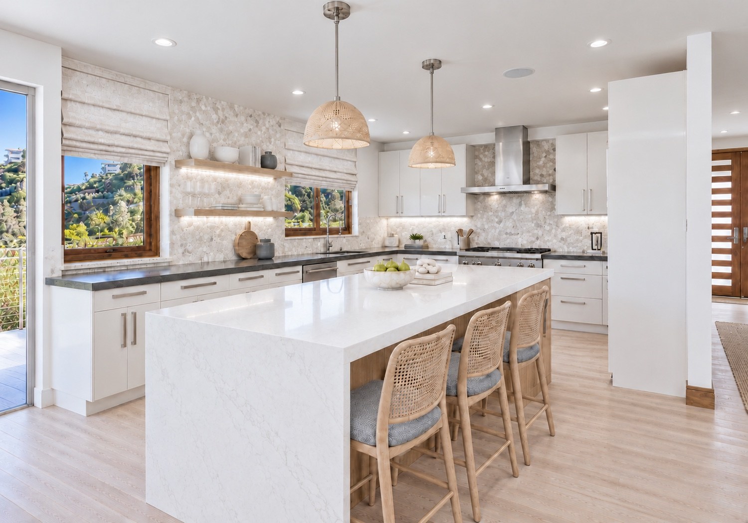 Kitchen island with woven stools and pendant lights