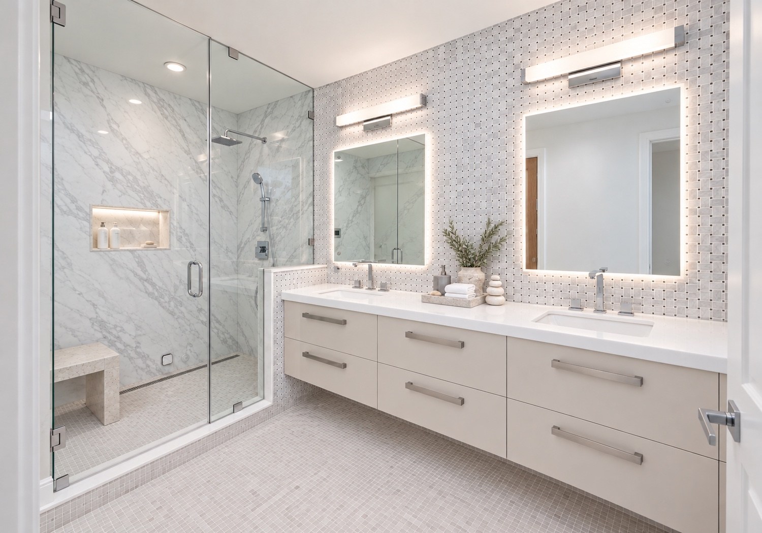 Bathroom with a double vanity and glass shower