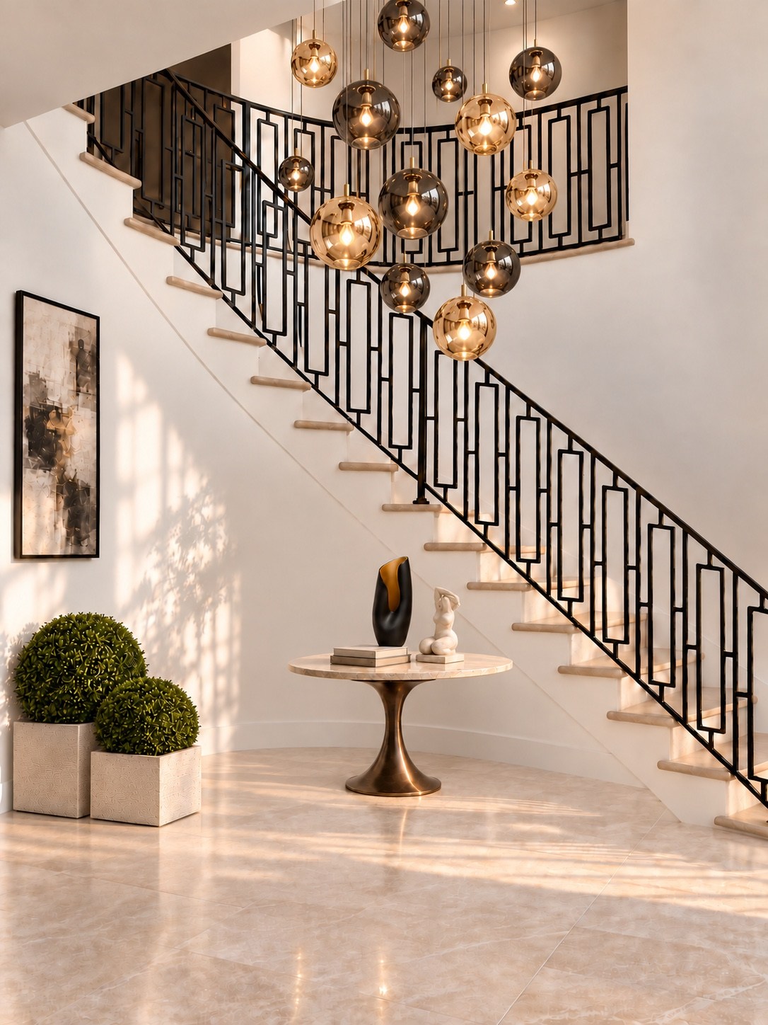 Entry staircase with geometric railing and clustered pendant lights