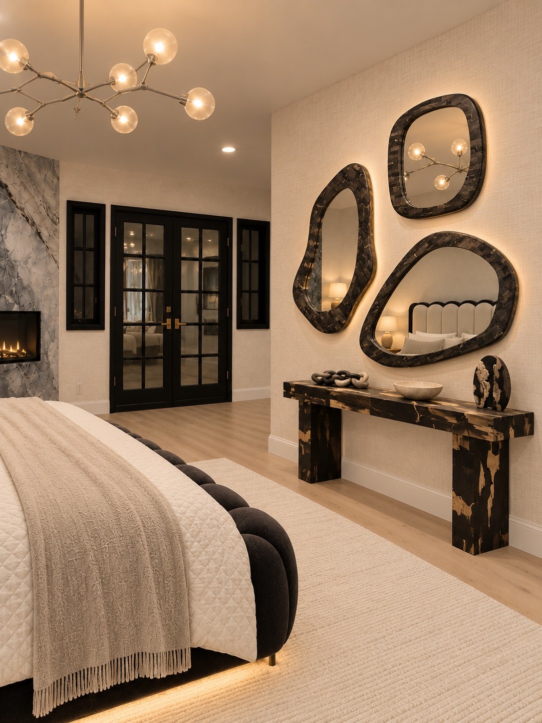 Bedroom console with sculptural mirrors